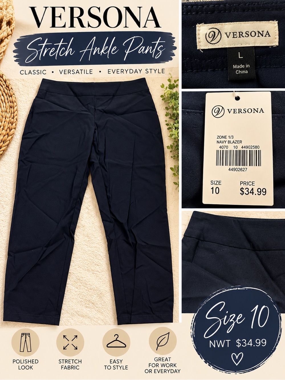 Versona Navy Blue Dress Pants Size 10 NWT Straight Leg Career Trousers